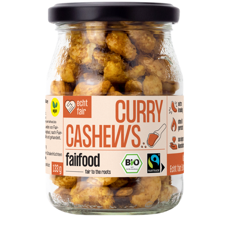 fairfood Freiburg Faire Cashews mit Curry geröstet (133g, Bio, Fairtrade, Pfandglas klein) - Produktbild