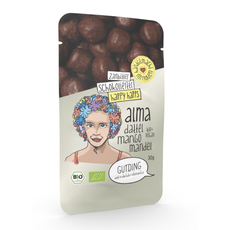 GUTDING Alma - Happy Happs schokoliert - Dattel, Mango, Mandel - vegan, bio, glutenfrei - im PP-Tütchen. Alma: ein weiches, schokoliertes Kaubonbon. - Produktbild