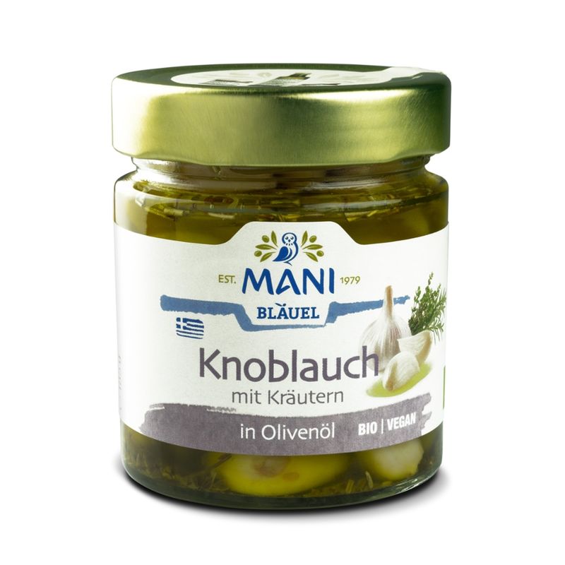 MANI® MANI Knoblauch in Olivenöl mit Kräutern, bio, 185 g Glas - Produktbild