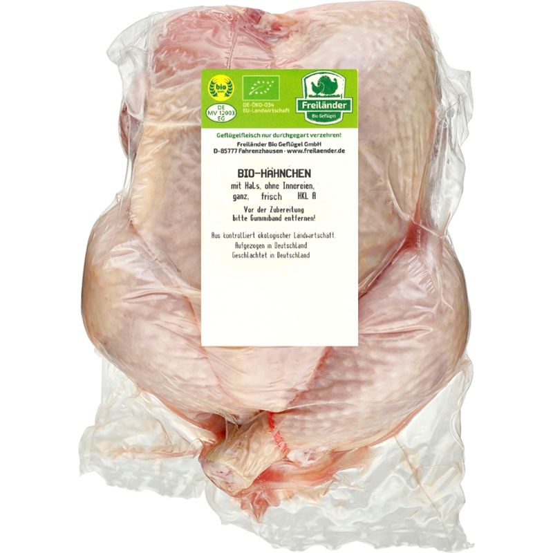 Freiländer Bio Geflügel Hähnchen ganz mit Hals Innereien, frisch, HKL A, Bio, einzeln vac. 1,8 kg - 2,3 kg - Produktbild