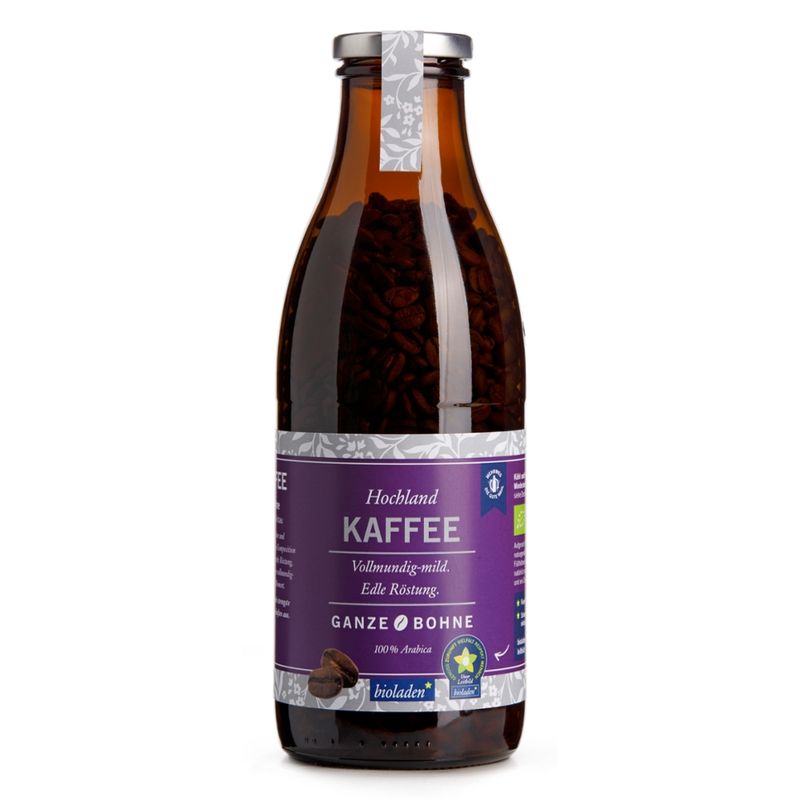 bioladen Hochlandkaffe, ganze Bohne, Pfandflasche - Produktbild