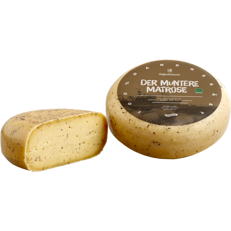 Hafenkäserei Der Muntere Matrose, Bio-Schnittkäse 50% Fett i.Tr. mit  Fenchel, Kümmel, Koriander - Produktbild