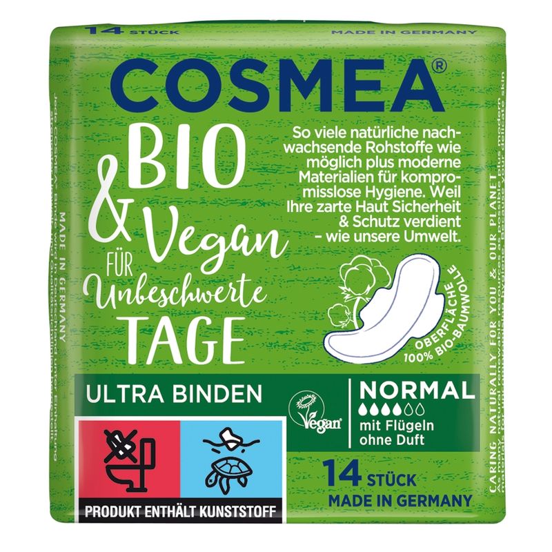 COSMEA®  COSMEA® Comfort BIO Ultra Binden, VEGAN, Normal mit Flügeln, 14 Stück - Produktbild