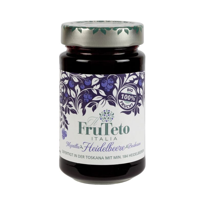 FruTeto Italia FruTeto Italia 100% Heidelbeere Bio-Fruchtaufstriche 250g. Fruchtanteil 100%. Zubereitet nur mit Früchten, ohne Pektin, ohne Rohrzucker, ohne Konservierungsstoffe. Schmeckt nach Frucht pur frisch gepflückt. - Produktbild