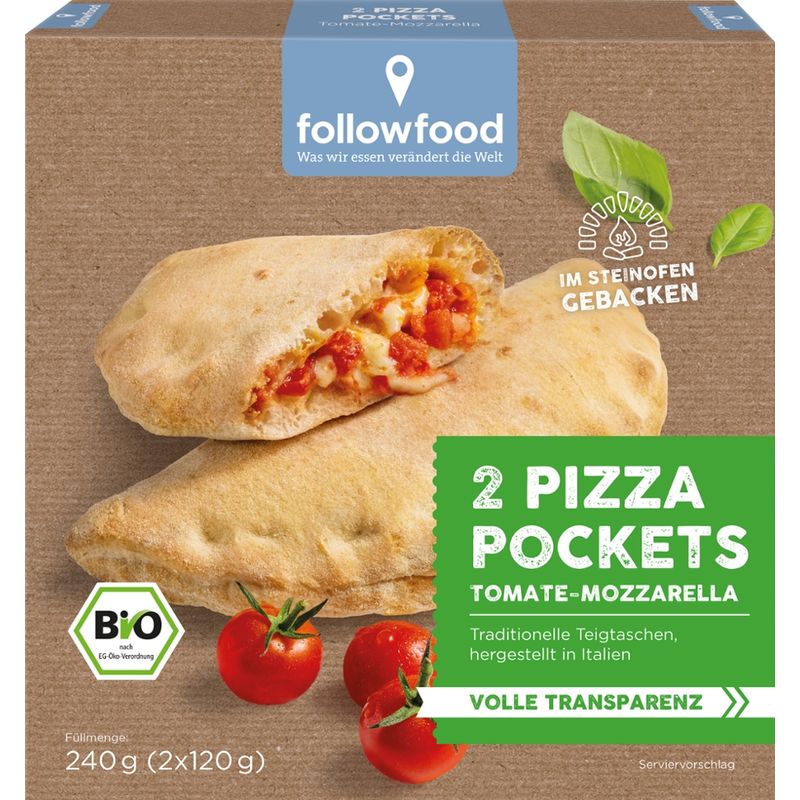 followfood Bio Pizza Pockets, Bio Teigtaschen gefüllt mit Tomatensauce und Mozzarella, vorgebacken, tiefgekühlt - Produktbild