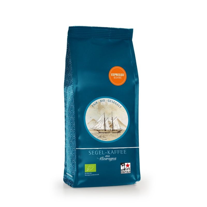 Café Chavalo Segel-Espresso aus Nicaragua, bio, 250g, ganze Bohne. Biologisch angebauter Ursprungskaffee aus Fairem Handel. - Produktbild