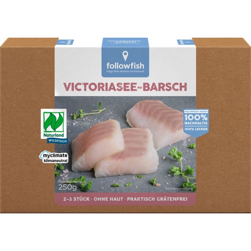 followfood Victoriasee-Barsch Filets, 2-3 Filetportionen, ohne Haut, praktisch grätenfrei, tiefgekühlt. - Produktbild