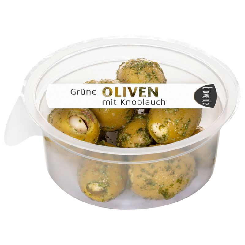 bio-verde Prepack Grüne Oliven mit Knoblauch mariniert mit frischen Kräutern 80 g - Produktbild