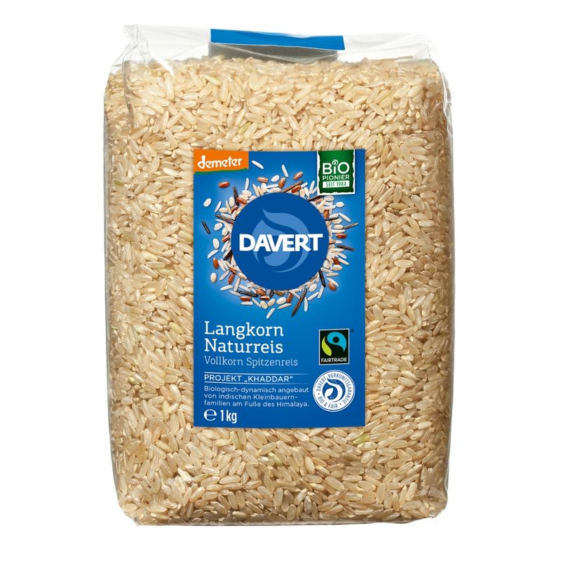 Davert demeter Langkorn Naturreis, Vollkorn Spitzenreis Fairtrade 1kg - Produktbild