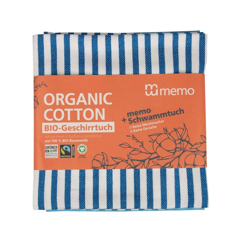 memo memo Geschirrtuch aus Bio-Baumwolle, 50 x 70 cm, blau gestreift + memo Schwammtuch - Produktbild