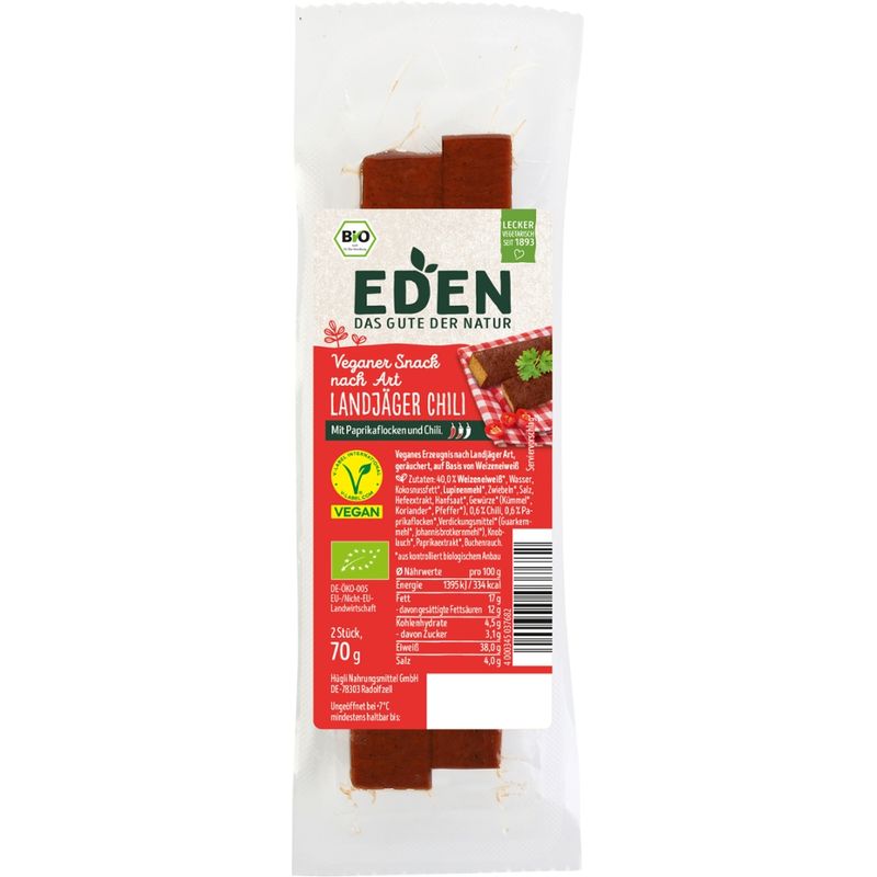 EDEN Veganer Snack nach Art Landjäger Chili, bio - Mit Paprikaflocken und Chili - Produktbild