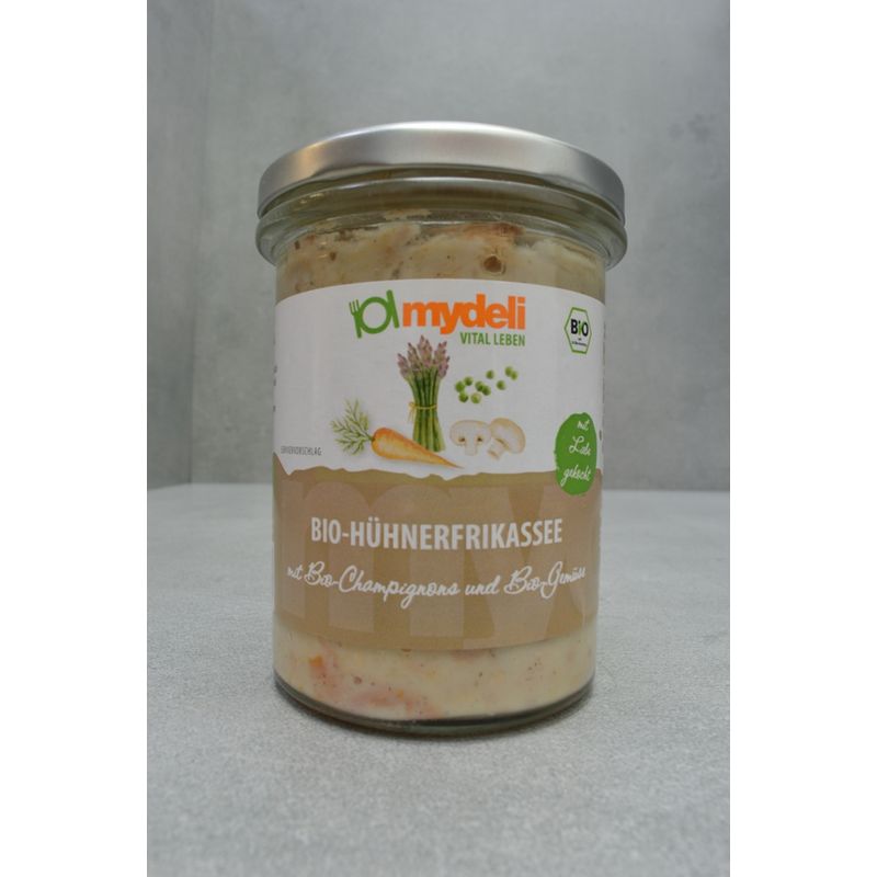 mydeli BIO Hühnerfrikassee mit BIO-Champignons und BIO-Gemüse (Hell, gerahmtes Hühnerfrikassee mit Gemüseeinlage) - Produktbild