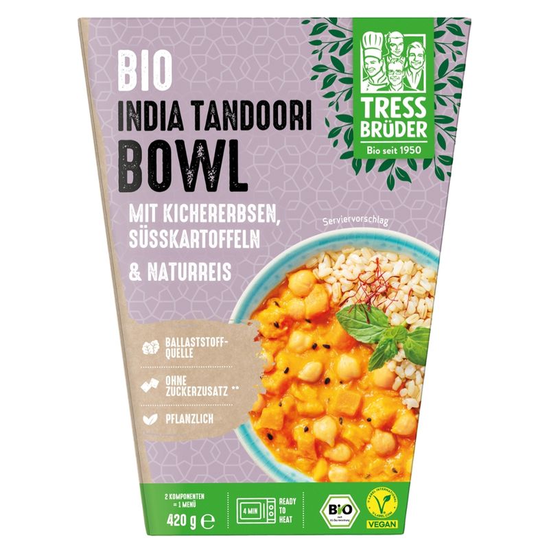 Tress Brüder Vegane Bio India Tandoori Bowl mit Kichererbsen, Süßkartoffeln und Naturreis - Produktbild