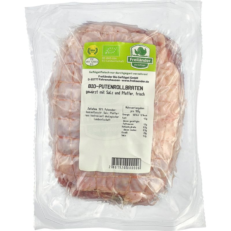 Freiländer Bio Geflügel Puten Rollbraten aus der Oberkeule, mit Haut, Bio, frisch, Salz und Pfeffer, einzeln, vac. ca. 650g - Produktbild