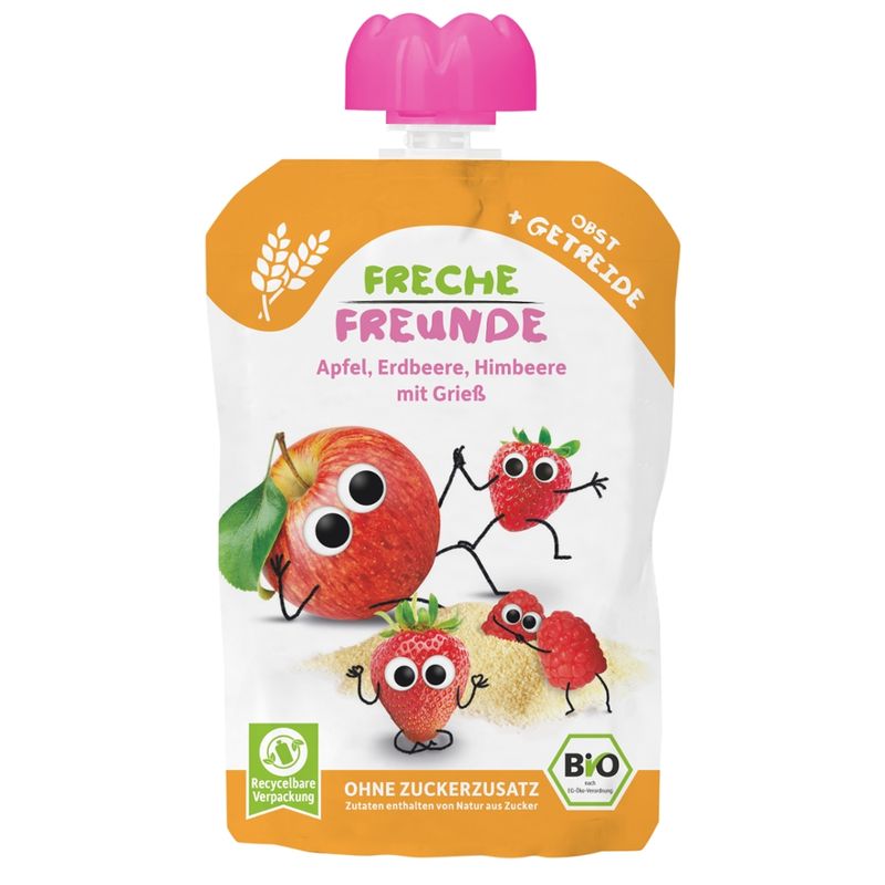 Freche Freunde Freche Freunde Bio Quetschie Apfel, Erdbeere, Himbeere mit Grieß - Produktbild