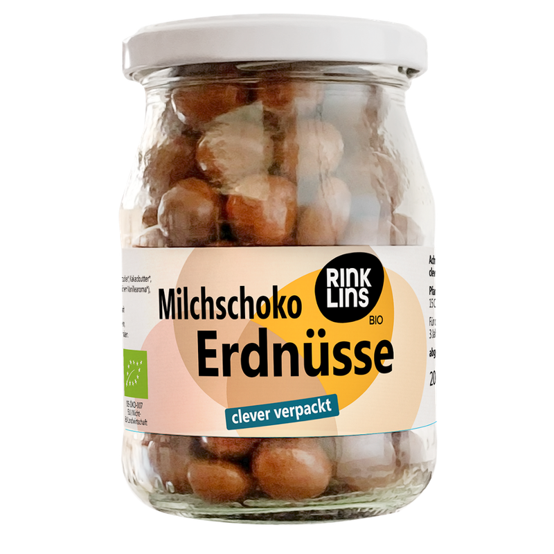 RINKLINS BIO Milchschoko Erdnüsse clever verpackt im Pfandglas - Produktbild