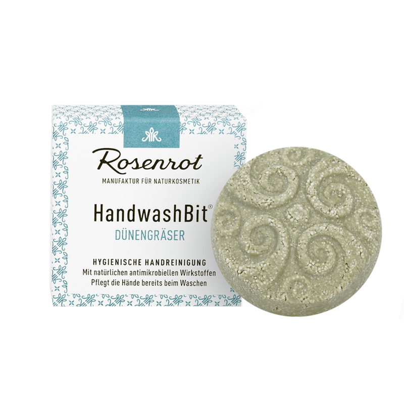 Rosenrot Naturkosmetik HandwashBit® - feste Waschlotion Dünengras - 60g - in Schachtel - Mit erfrischenden Rosmarin- und Minzölen. Kühlt und belebt die Sinne. - Produktbild