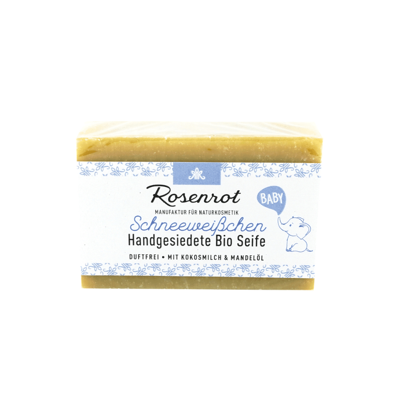 Rosenrot Naturkosmetik Bioseife - Baby - Schneeweißchen. Rückfettende Seife speziell für zarte Babyhaut und für sensible Erwachsenenhaut. - Produktbild