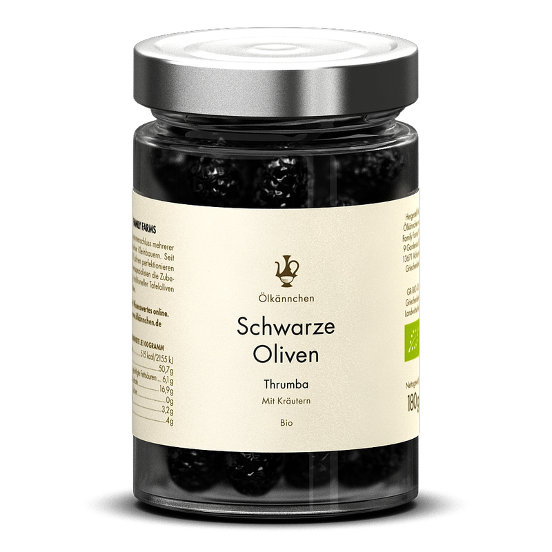 Ölkännchen Ölkännchen Schwarze Oliven Thrumba mit Kräutern (mit Stein), GR im 180g-Glas (Vakuum, ohne Lake, leicht geölt) - Produktbild