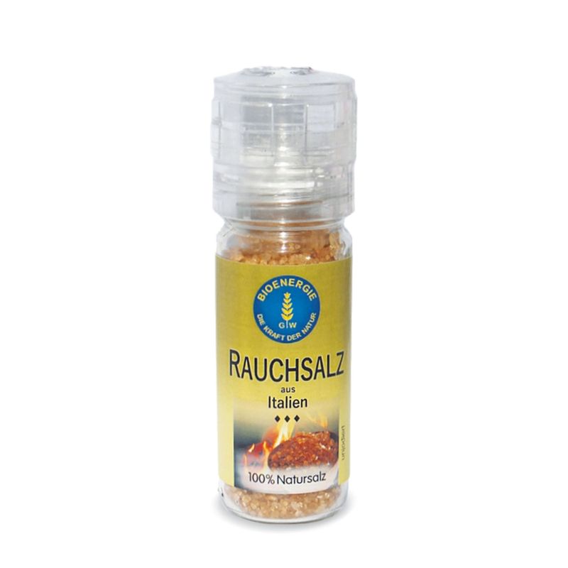 BIOENERGIE MÜHLE RAUCHSALZ aus Italien, premium, unjodiert, über Buchholz fein kaltgeräuchert, frei von künstlichen Raucharomen, mit Keramikmahlwerk, Mühle wiederbefüllbar - Produktbild