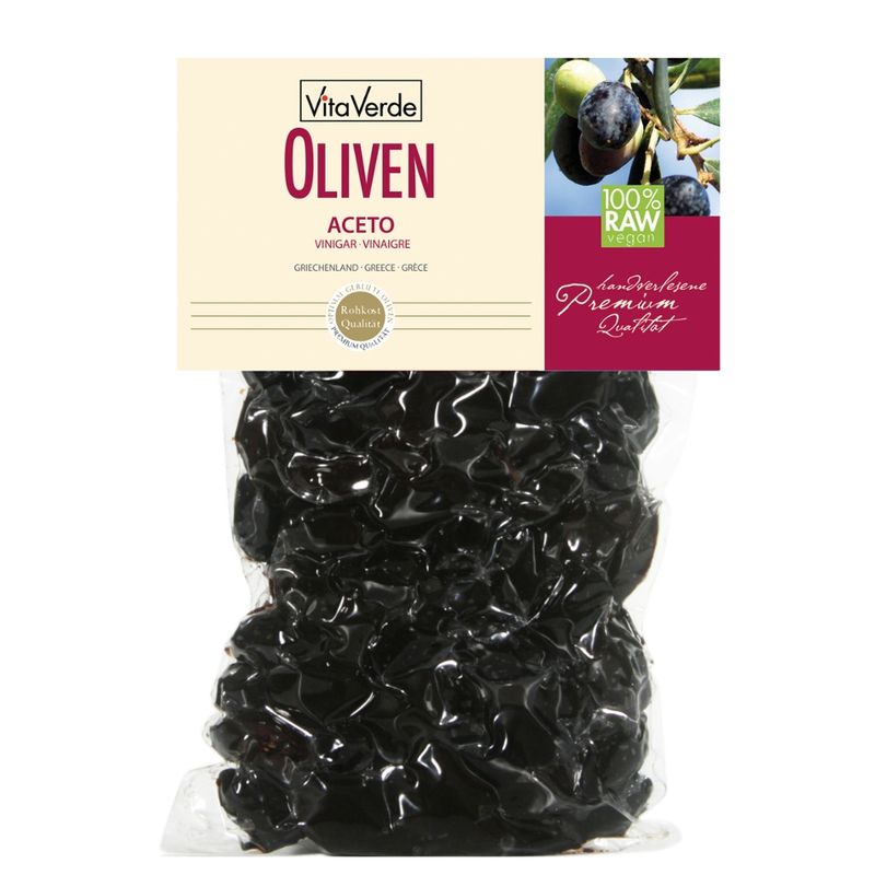 Vita Verde Schwarze Oliven Amfissa, von Hand selektiert, luftgetrocknet mit wenig Flüssigkeit und sehr wenig Salz in 100 % Rohkostqualität - Produktbild