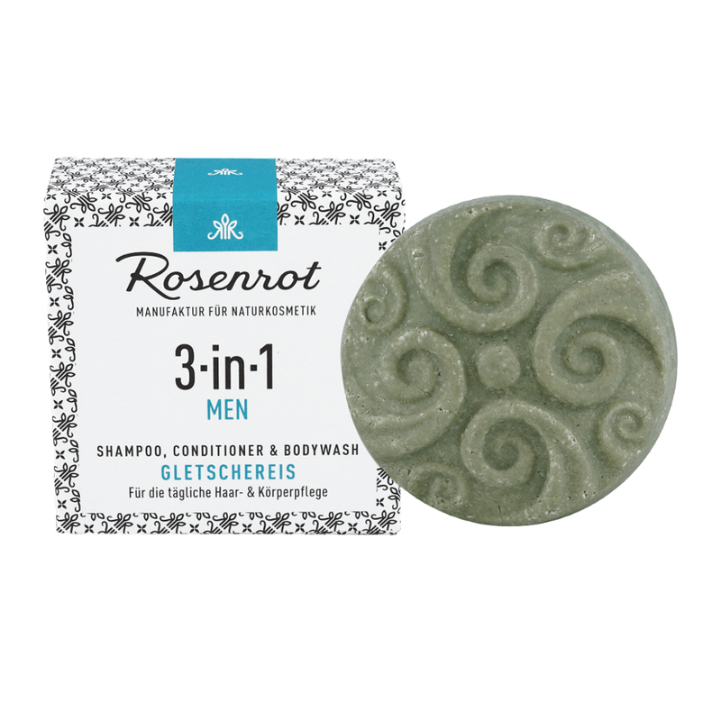 Rosenrot Naturkosmetik 3-in1 MEN Gletschereis - 60g - in Schachtel - für die tägliche Haar- & Körperpflege. - Produktbild