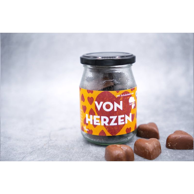 TARABAO Schokoherzen aus veganer heller Schokolade mit Cashew-Creme im Pfandglas - Produktbild