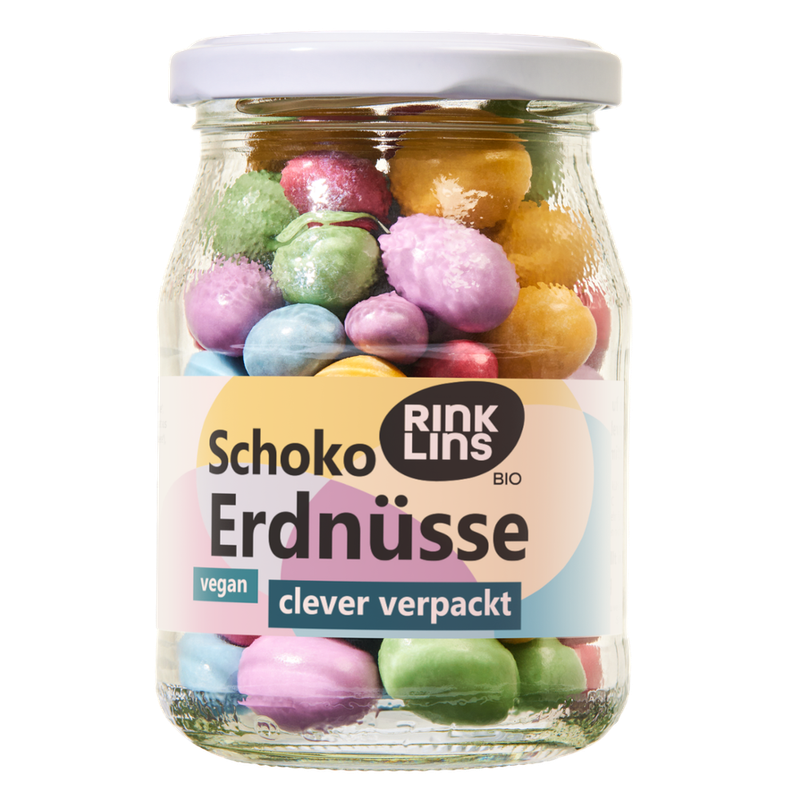 RINKLINS BIO Schoko Erdnüsse clever verpackt Pfandglas - Produktbild