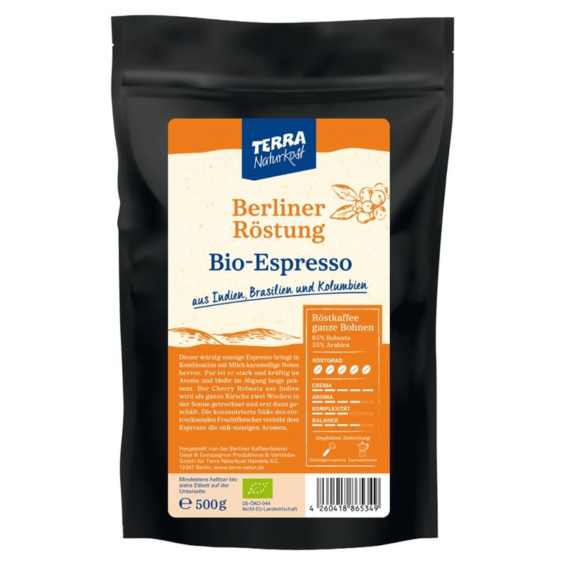 Terra Naturkost Handels KG Berliner Röstung Bio Espresso, Bohne  500g - Produktbild