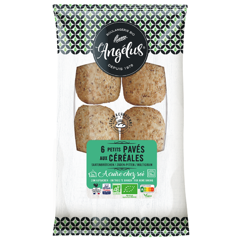 L'Angélus Saatenbrötchen 6x60g zum Aufbacken. Brötchen mit Sauerteig und Hefe, sanftes Kneten, lange Teigführung und Backen im  Steinofen - Produktbild