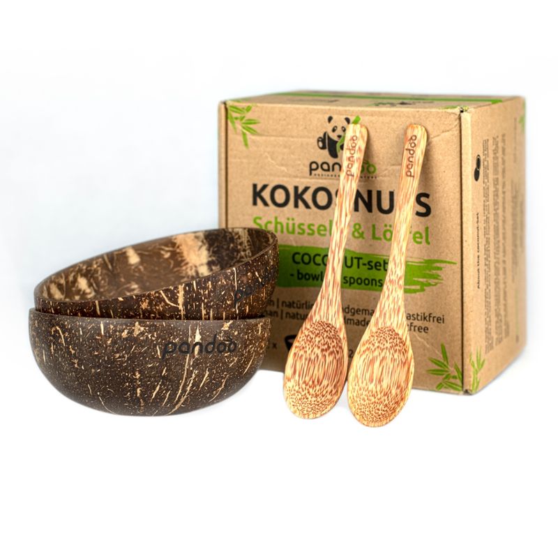 pandoo Das pandoo Kokosnuss-Set ist handgefertigt und besteht aus zwei Schüsseln und zwei Löffel. Jede Schüssel ist einzigartig und mit Kokosöl poliert. Perfekt für Smoothie-Bowls, Müsli oder Salate! - Produktbild