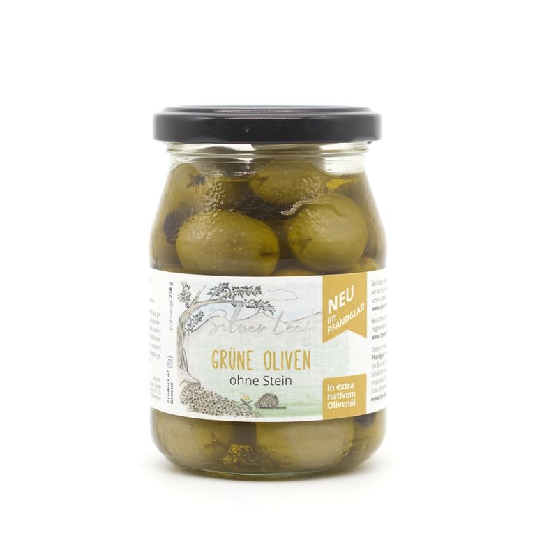 Silver leaf Grüne Oliven im Pfandglas, in Olivenöl, ohne Stein (230 g) - Produktbild