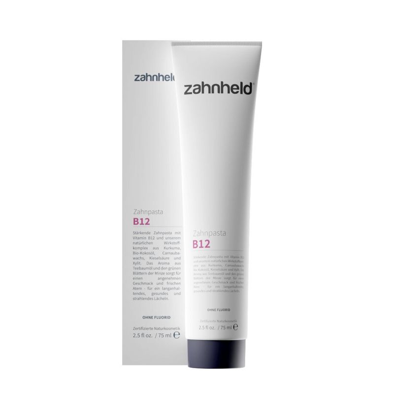 zahnheld Stärkende Zahnheld Zahnpasta mit Vitamin B12 und unserem Wirkstoffkomplex aus Kurkuma, Carnaubawachs, Bio-Kokosöl, Kieselsäure und Xylit. - Produktbild