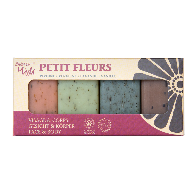 Savon du Midi PETIT FLEURS -  Bio-Blüten Gästeseifen je 1 x 20g: Pfingstrose, Lavendel, Vanille, Eisenkraut in Geschenk Karton - Produktbild