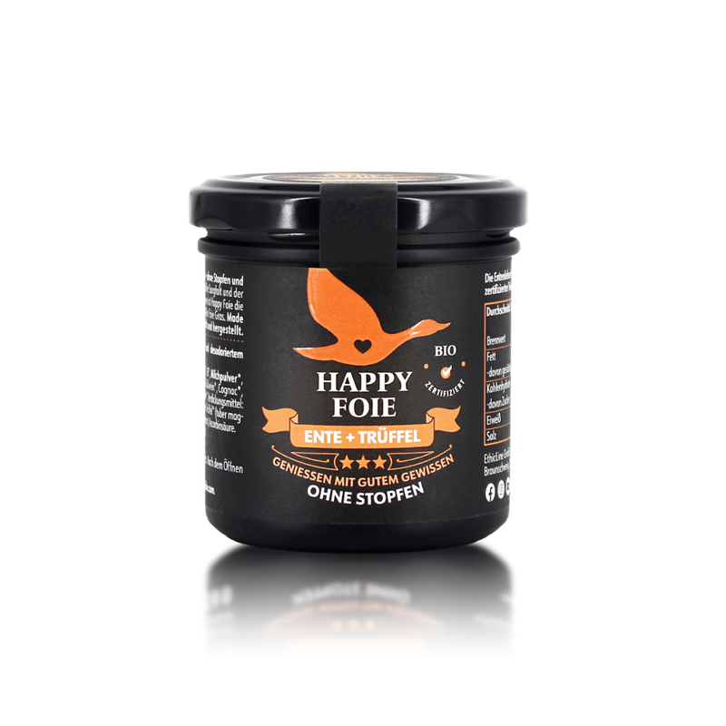 Happy Foie Happy Foie - Variante Ente mit weißem italienischem Trüffel, bio ; Hergestellt mit großer Sorgfalt und der Leber von freilaufenden Tieren ist Happy Foie die bio-zertifizierte Alternative zu konventioneller Foie Gras. Ohne Stopfen und mit gutem Gewissen. - Produktbild