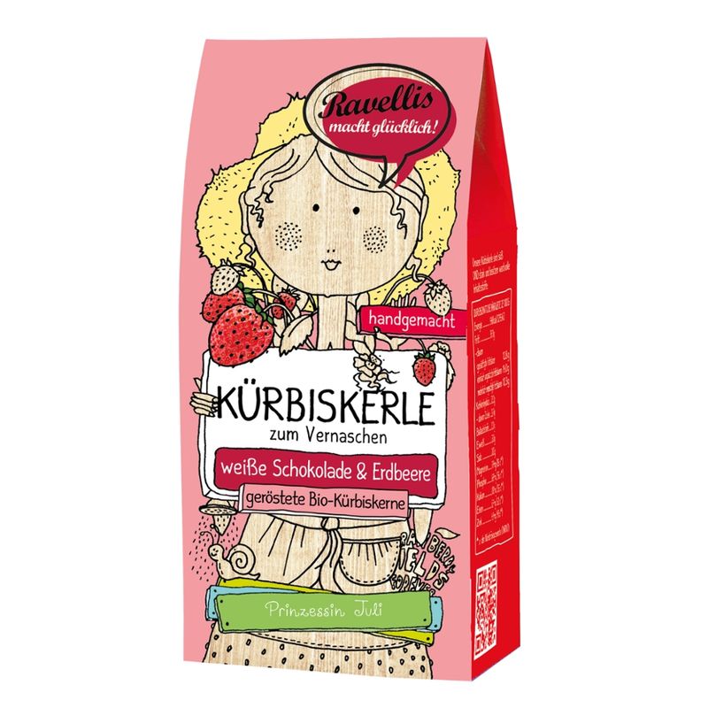 Ravellis "PRINZESSIN JULI" Geröstete Bio-Kürbiskerne veredelt mit weißer Schokolade & Erdbeere - Produktbild