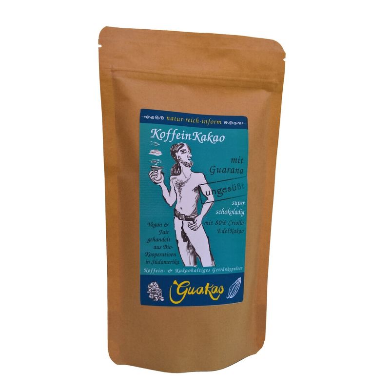 GuaKao GuaKao ungesüßt - der KoffeinKakao mit 16% koffeingebendem Guarana. Der klassische KoffeinMix auf Guaranabasis, ohne Zuckerzugabe. Das Getränkepulver mit schwach entöltem Criollo-Edelkakao aus Atalaya, super schokoladig mit 80% Kakaoanteil. - Produktbild