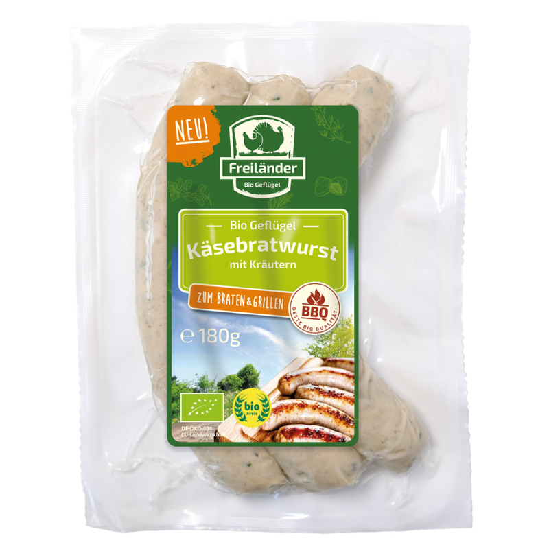 Freiländer Bio Geflügel Puten Kräuterbratwurst mit Käse, 300 g, vac., frisch, im 3er Gebinde - Produktbild