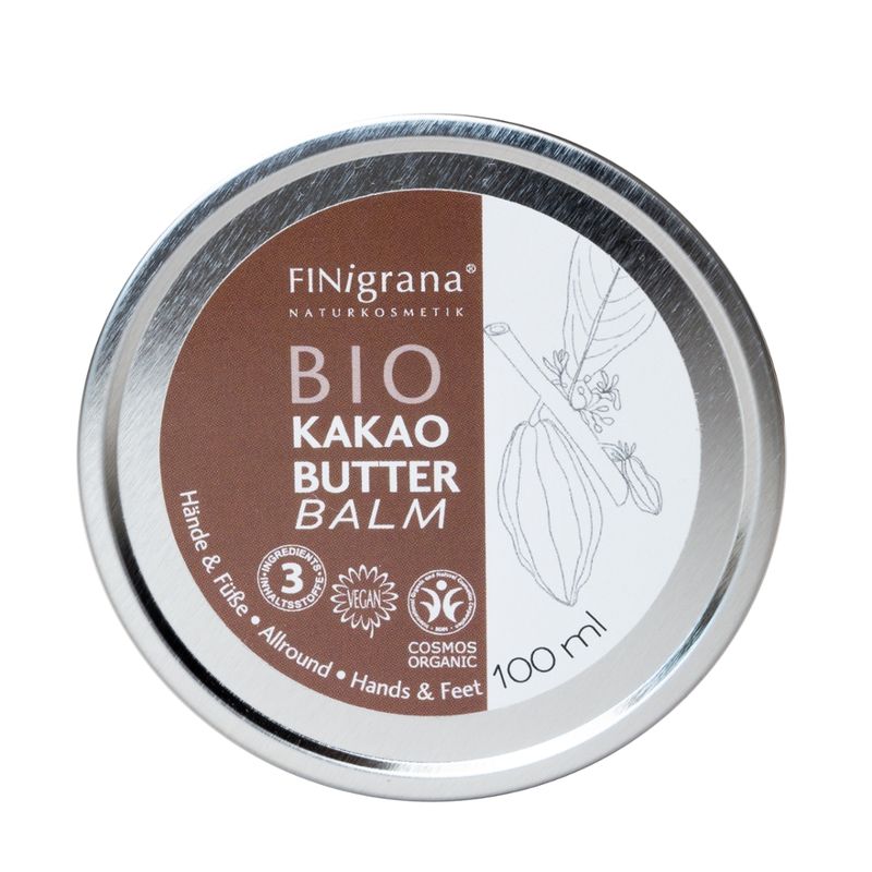 FINigrana® Naturkosmetik FINigrana® BIO Kakaobutter-Balm (Hände & Füße / Hands & Feet / Mains & Pieds) in Weißblechdose, 100ml mit Umkarton - Produktbild