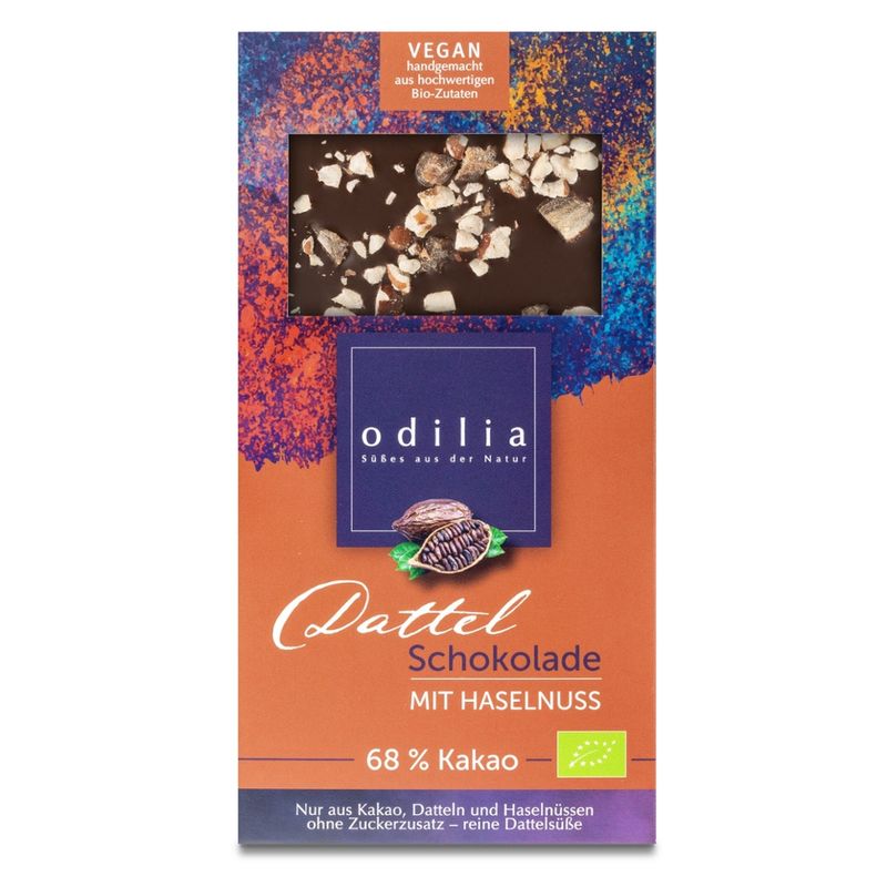 odilia Handgemach Dattel-Schokolade mit Haselnuss, 68% Kakao, Glutenfrei,Laktosefrei - Produktbild