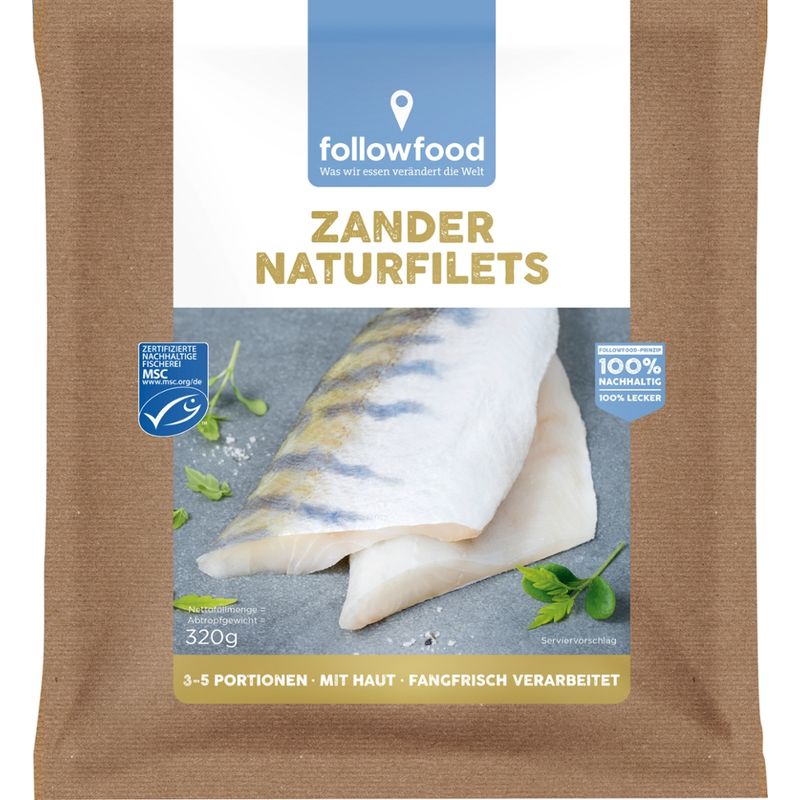 followfood 3-5 MSC Zander Filets mit Haut, wenig Gräten, portioniert, einzeln tiefgefroren mit Wasserschutzglasur, fangfrisch verarbeitet. - Produktbild