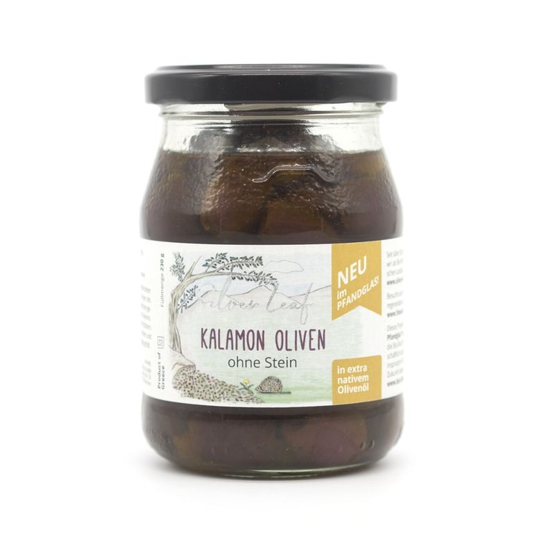 Silver leaf Kalamon Oliven im Pfandglas, in Olivenöl, ohne Stein (230 g) - Produktbild