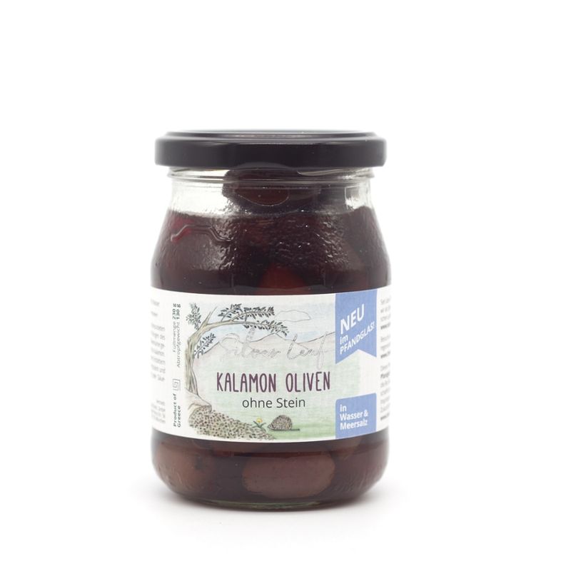 Silver leaf Kalamon Oliven im Pfandglas, in Salzlake, ohne Stein (230 g) - Produktbild