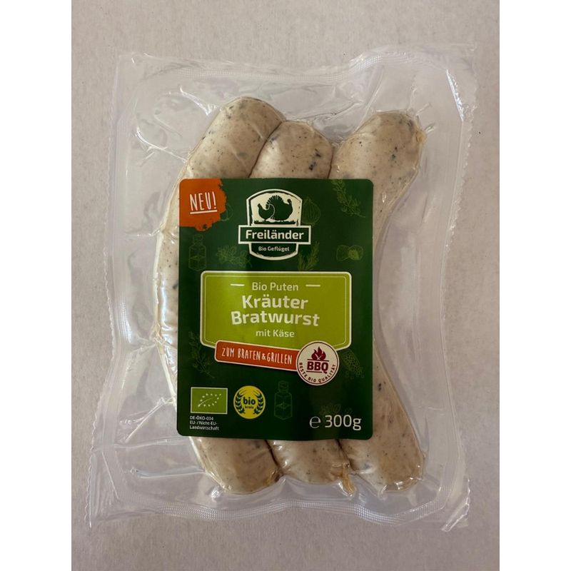 Freiländer Bio Geflügel Puten Kräuterbratwurst mit Käse, 300 g, vac., frisch, im 3er Gebinde - Produktbild