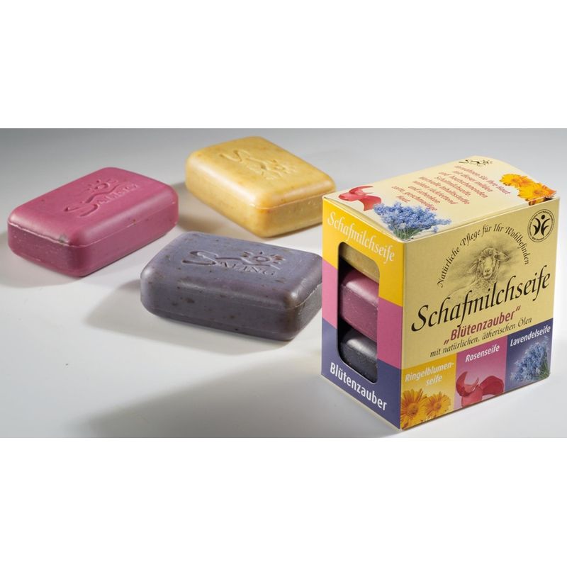 Saling Geschenkverpackung 3er Set "Blütenzauber" bestehend aus je 1x Schafmilchseife Ringelblume, Lavendel und Rose - Produktbild