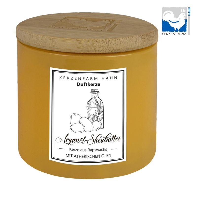 Kerzenfarm Hahn Duftkerze im Trendglas mit Holzdeckel , gelb, mit Rapswachs befüllt, Arganöl-Sheabutter - Produktbild