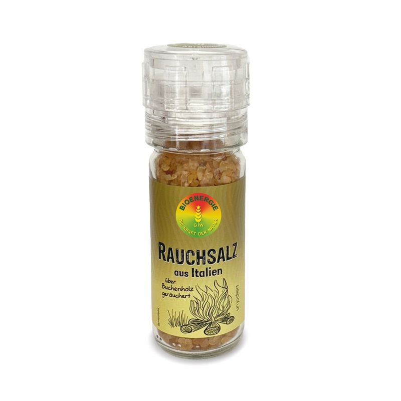 BIOENERGIE MÜHLE RAUCHSALZ aus Italien, premium, unjodiert, über Buchholz fein kaltgeräuchert, frei von künstlichen Raucharomen, mit Keramikmahlwerk, Mühle wiederbefüllbar - Produktbild