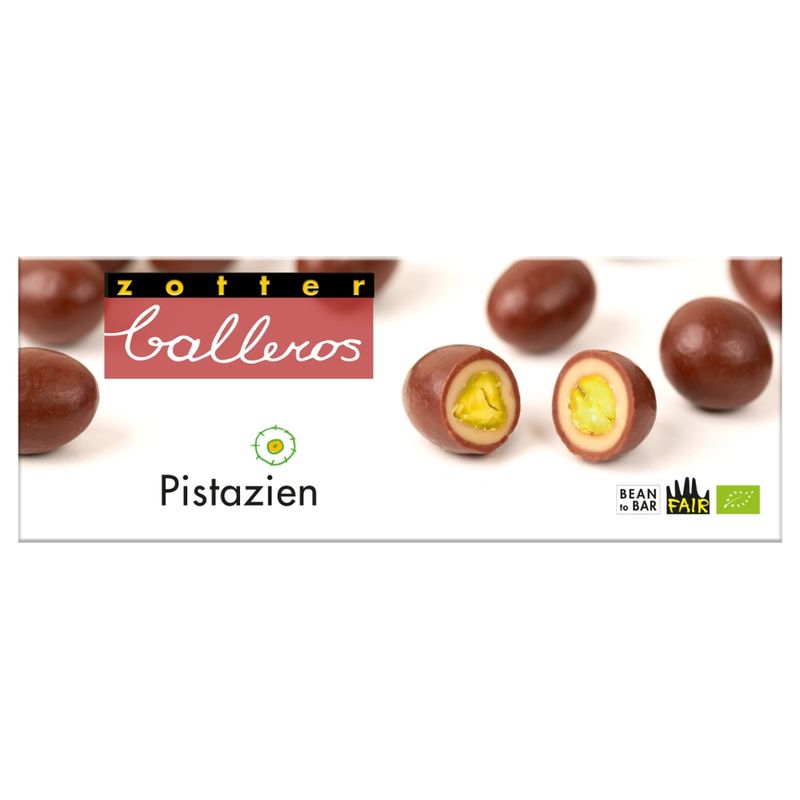 Zotter Schokolade Balleros – Pistazien° umhüllt von Mandelnougat° und dunkler Milchschokolade° - Produktbild
