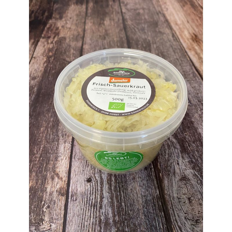 Hof Dannwisch Dannwisch Frisch-Sauerkraut  500g im PE-Becher   nicht pasteurisiert  demeter aus eigener Herstellung, mild gesäuert - Produktbild