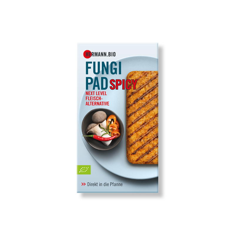 HERMANN HERMANN.BIO FUNGI PAD, Typ SPICY, Vegetarisches Bio-Pilzerzeugnis, gesalzen, gewürzt, vorgegart, aufgetaut - Produktbild